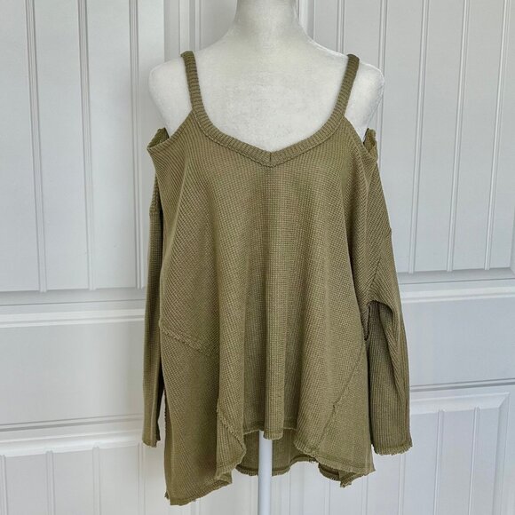 ANTHROPOLOGIE Deletta Millipa Cold Shoulder Waffle Knit Olive Swing Top - Med - Picture 4 of 13